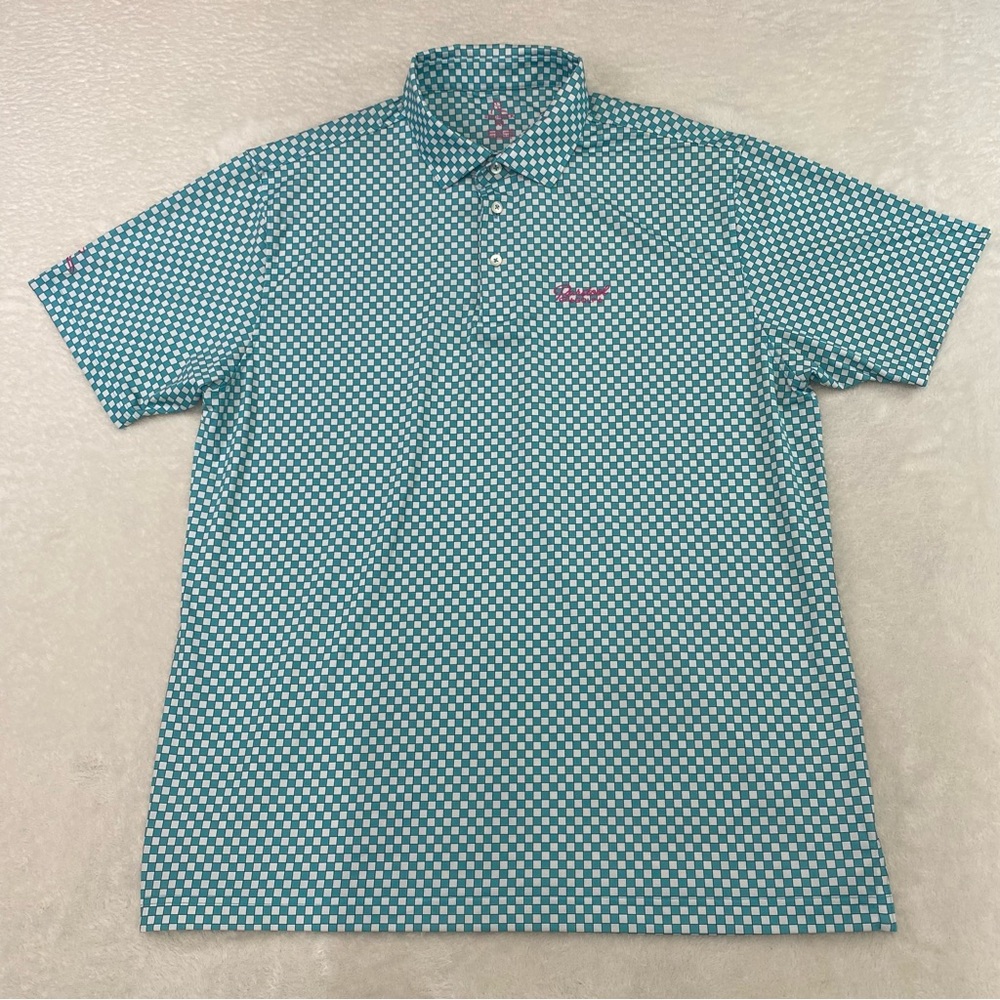 Rhoback Men's Golfing Polo Shirt - Checkered Blue/Teal White - Barstool Golf- XL